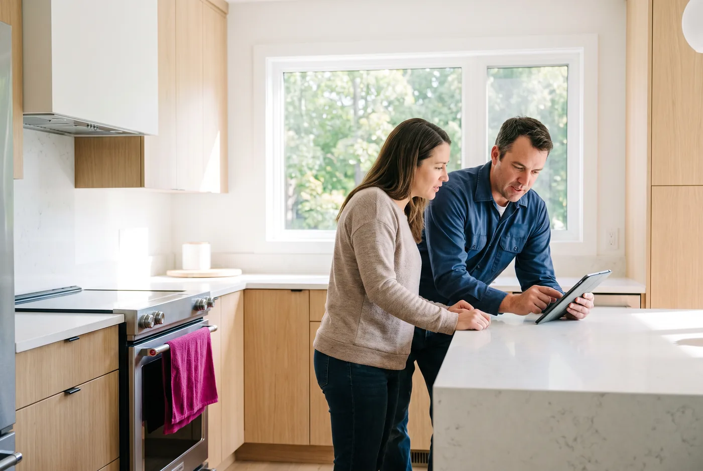 A homeowner and a tradesperson going through the job together on a tablet